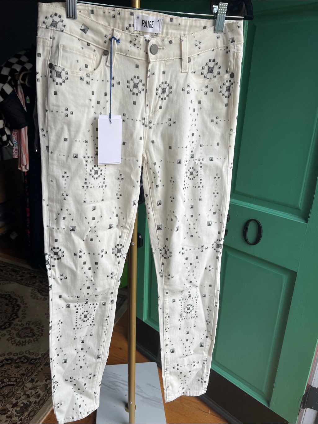 Paige Verdugo Cream Jeans With Black Geometric Print Stud Motifsize 8/29